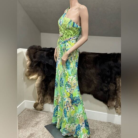 Chic Design One-Shoulder Floral-print Beaded Chiffon Evening Dress - Picture 9 of 16